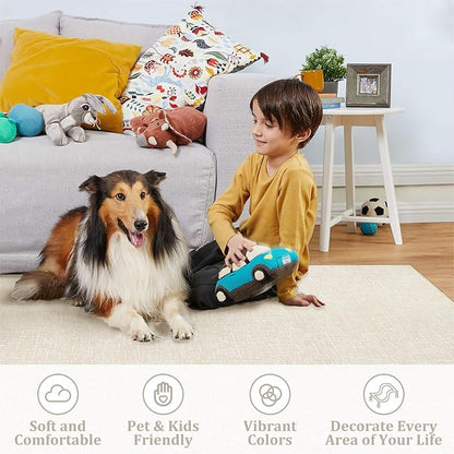 Garvee Modern 5x7 Living Room Rug Solid Color Washable Area Rugs, Beige | Rubber Backing Neutral Textured Non Shedding Stain Resistant Low Pile Foldable Soft Rug for Bedroom Nursery Entryway