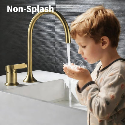 Bathroom Faucets Brushed Gold,Single Handle Brass Widespread Basin Faucet for Sink,High Arc Bathroom Sink Faucet 2 Hole,Vanity Vessel Sink Faucet Mixer Tap