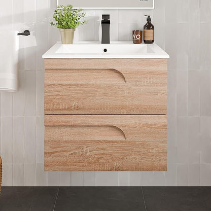 Eviva Joy 24 in. Maple Wall MountSingle Sink Bath Vanity with Porcelain Top and Integrated Sink