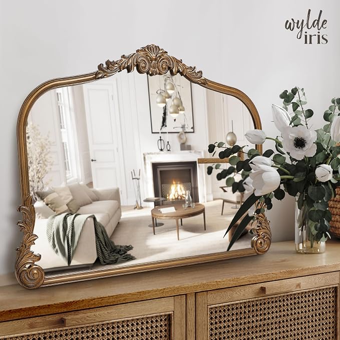 English Estate Carved Arch Wood Wall Mirror, Mirror for Entryway, Living Room, Bathroom, Antique Gold, 26x37