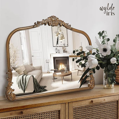 English Estate Carved Arch Wood Wall Mirror, Mirror for Entryway, Living Room, Bathroom, Antique Gold, 26x37