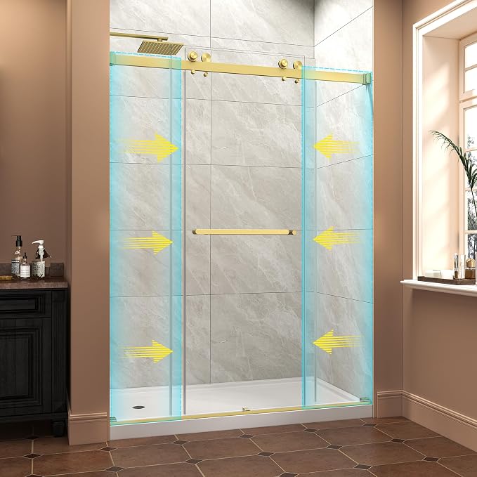 Frameless Shower Door,55-60" W x 76" H Sliding Glass Shower Door,5/16"(8mm) Thick Tempered Clear Glass with Explosion-Proof Film Nano Coating,Waterproof Strip,Brushed Gold