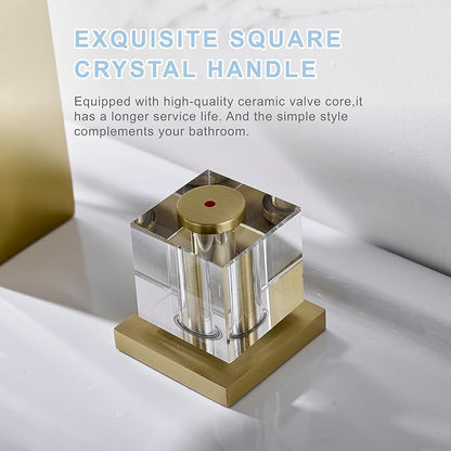 Brushed Gold Waterfall Bathroom Faucet 3 Hole Widespread Sink Faucet with Crystal Handles, Modern Bathroom Sink Faucet, 2 Handle Deck Mount Lavatory Faucet for Vanity Sink