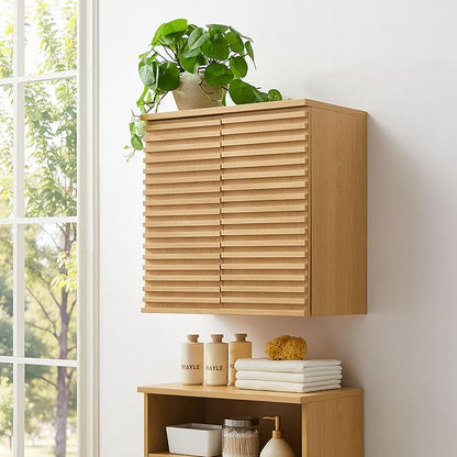 Modway Render Wall Mounted Bathroom Cabinet in Oak - 23.5 Inch Compact Wall Storage with Slatted Doors and Adjustable Shelves for Bathroom or Laundry Room