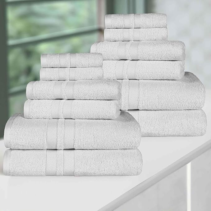 Superior Ultra-Soft Cotton Towel Set, 4 Bath Towels, 4 Hand Towels, 4 Face Towels/Washcloths, Quick-Dry, Shower, Spa Basics, Essentials, Solid, Double Line Dobby Border, 12 Piece Set, Silver