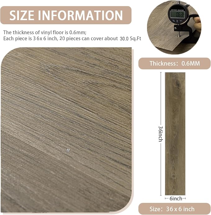 Peel and Stick Floor Tile Wood Plank Look, Self-Adheisve Vinyl Flooring | Brown, 20-Pack 30 Sq.Ft, Floor Tiles Peel and Stick Waterproof for Bathroom Kitchen RV Renter, 36x6inch