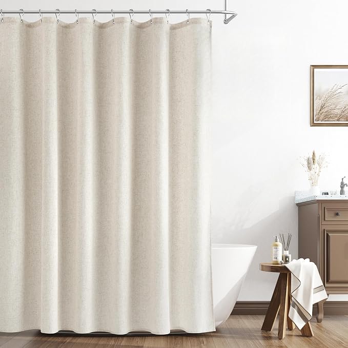 Extra Long Linen Shower Curtain 88 Inch Long Weighted Thick Fabric Bath Shower Curtain Set with Hooks, XLong Tall Country Farmhouse Beige Curtains for Bathroom, 72x88