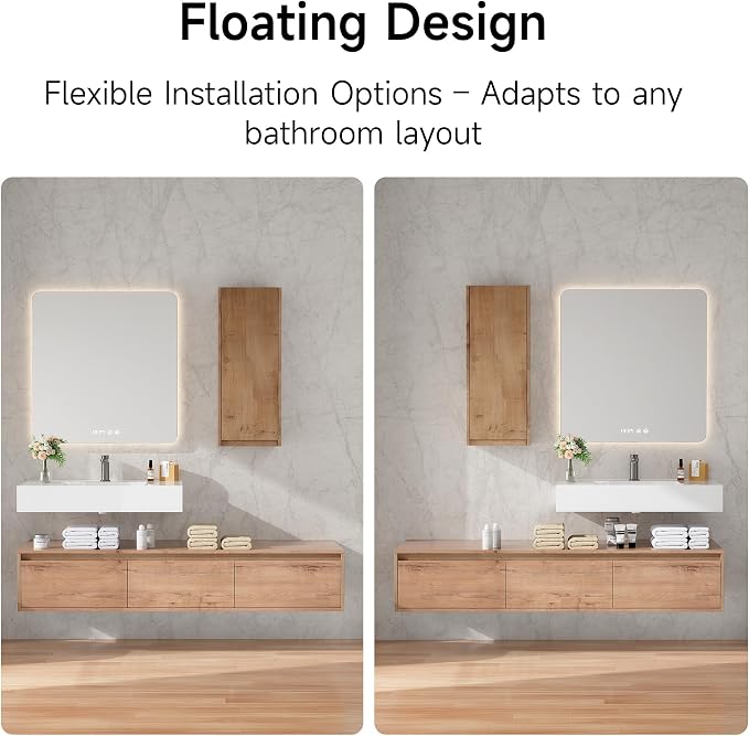 60 Inch Floating Bathroom Vanity with Single Sink, Modern Wall-Mounted Bathroom Cabinet with Resin Sink & Soft Close Drawer & Side Cabinet, Split-Level Layout (Nature Oak, 60"+1 Side Cabinet)