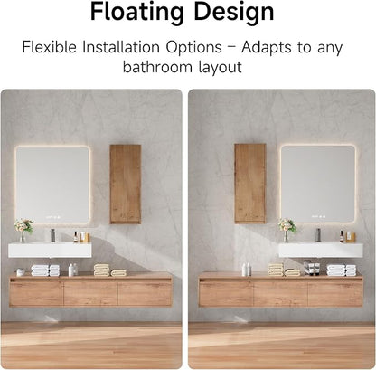 60 Inch Floating Bathroom Vanity with Single Sink, Modern Wall-Mounted Bathroom Cabinet with Resin Sink & Soft Close Drawer & Side Cabinet, Split-Level Layout (Nature Oak, 60"+1 Side Cabinet)