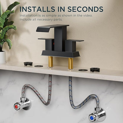 FORIOUS Square Waterfall Matte Black Bathroom Faucets 3 or 2 Hole for 4 Inch Centerset Sink with Metal Pop Up Drain and Hose, Double Handle Operation, Suitable for Vanity RV Restroom Remodel