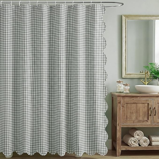 HunnmingRe Scalloped Gingham Shower Curtain Sage Green | 72'' x 72'' Vintage Farmhouse Curtain, Cotton Cottage Core Rural Checkered Plaid Decor, Fall Shower Curtain for Bathroom