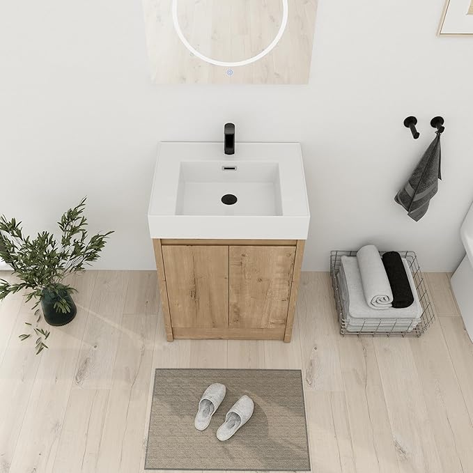 24'' Freestanding Bathroom Vanity, 24 Inch Floor Stand Bathroom Vanity with Sink, Single Resin Sink Cabinet Set, Modern Storage Cabinet, with Soft Closing Door, 03624IMO+24120MMO