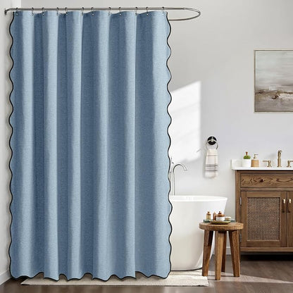 MIULEE Moonlight Blue Scalloped Linen Shower Curtain 72x72 Inches | Linen Textured, Waterproof, Washable, 12 Metal Hooks, Heavy Duty Cloth, Black Border, Shower Curtain for Bathroom Bathtub