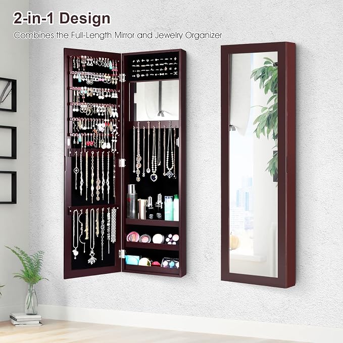 COSTWAY Full Length Mirror Jewelry Cabinet, Wall Door Mounted Jewelry Organizer with Makeup Mirror, Ring Slots and Necklace Hooks, Large Storage Jewelry Armoire for Bedroom, Dressing Room (Brown)