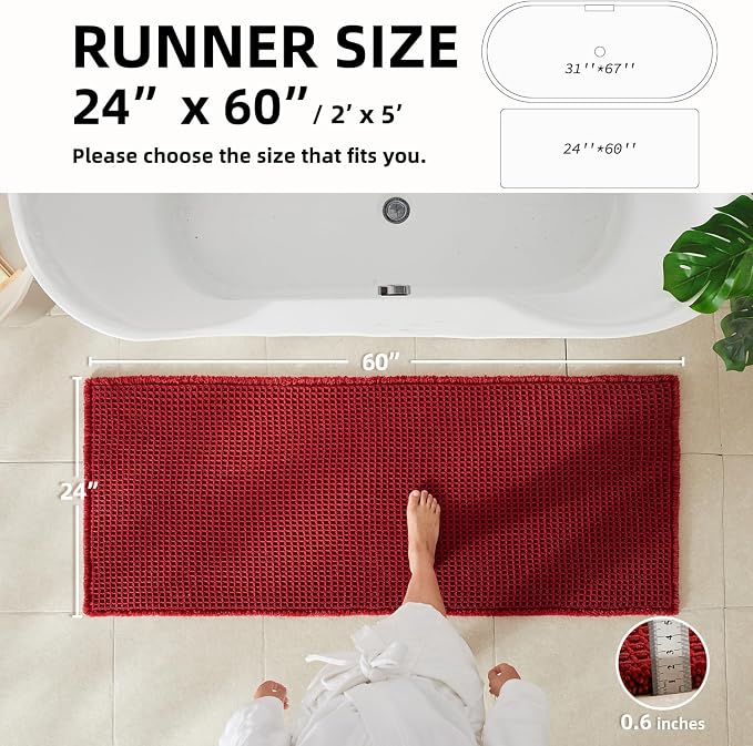 TYUU Waffle Runner Rug Bathroom, Long Boho Bath Mat, 60x24 Burgundy | Super Absorbent Quick Dry Bath Rug, Non-Slip Backing, Soft Waffle Washable Farmhouse Bathroom Mats, Tub, Shower & Home Decor