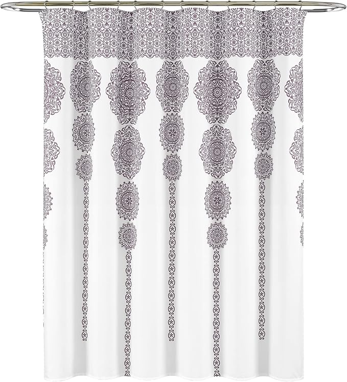 Lush Decor Stripe Medallion Shower Curtain-Fabric Mandala Bohemian Damask Print Design, 72" x 72", Purple
