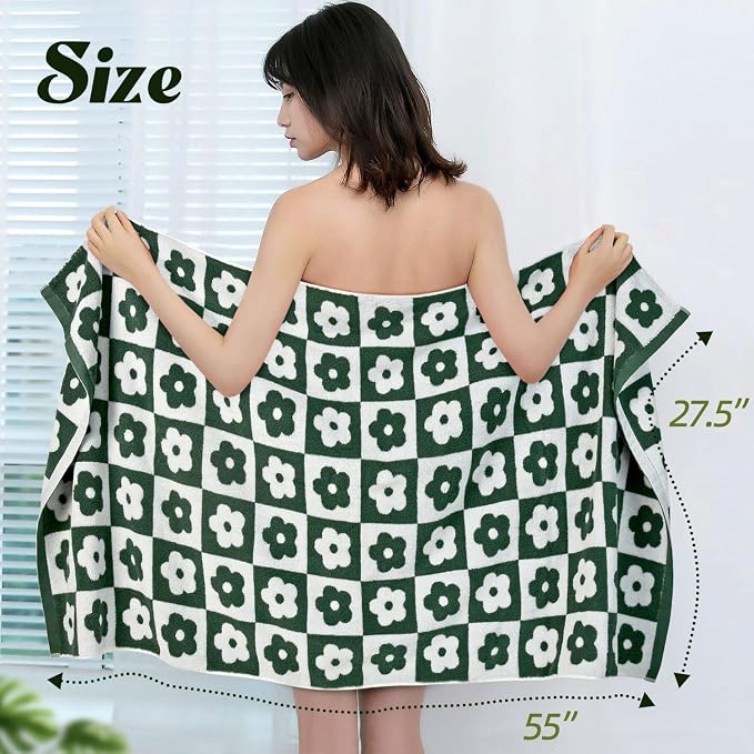 2-Pieces Luxury Bath Towels Checkered Floral, Green Towels for Women Girls | Shower Body 27.5x55 Inches, Cute Bathroom Decor , Cotton