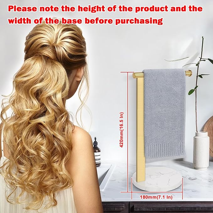 Hand Towel Holder Stand for Bathroom, L- Shaped Standing Hand Towel Rack, Towel Bar Kitchen Vanity Countertop Organizer, SUS304 Stainless Steel Material (Marble Base, Gold)
