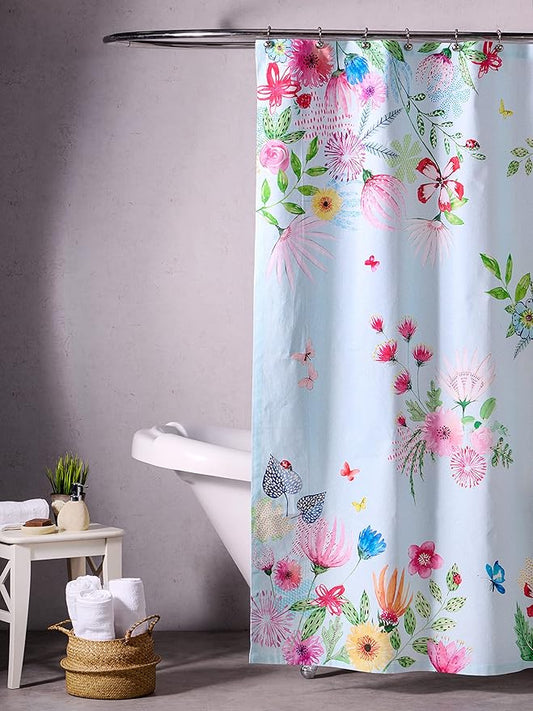 Maison d' Hermine Shower Curtain 100% Cotton One Panel 70"x72" Washable Fabric Shower Curtains for Bathroom, Easy Hanging with 12 Button Holes - Home Hotel Easter Gifts (Jardin D'Ete - Mint)
