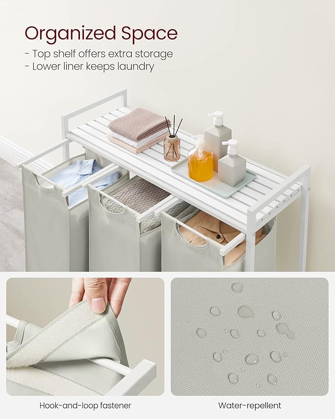 VASAGLE Laundry Hamper, Laundry Basket, Laundry Sorter with 3 Pull-Out and Removable Bags, Shelf, Metal Frame, 3 x 10.6 Gallons (40 L), 36.4 x 13 x 28.4 Inches, Cream White and Cloud White UBLH301W01
