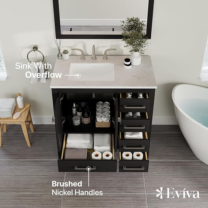 Eviva Aberdeen 36 inch Espresso Transitional Bathroom Vanity with White Carrara Quartz Countertop and Undermount Porcelain Sink