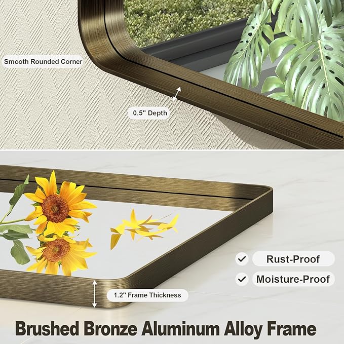 24x32 Inch Bronze Framed Bathroom Mirror, Brushed Bronze Metal Vanity Mirror, Bronze Rectangle Wall Mirror, Rounded Corner, Tempered Glass, Anti-Rust, Shatterproof (Horizontal/Vertical)