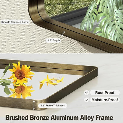 28x36 Inch Bronze Framed Bathroom Mirror, Brushed Bronze Metal Vanity Mirror, Rounded Bronze Rectangle Mirror, Tempered Glass, Anti-Rust, Shatterproof (Horizontal/Vertical)