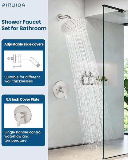 Airuida 8 Inch Brushed Nickel Shower Faucet Set,Shower Valve Kit | Female Threads Rough-in Valve Shower Trim Kit,Single Handle Control Shower Set