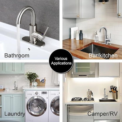 RKF Single-Handle Bathroom Sink Faucet, 360 Degree Swivel Spout Single Hole Faucet with Overflow and Supply Hose,Bar Sink Faucet,Small Kitchen Faucet Tap