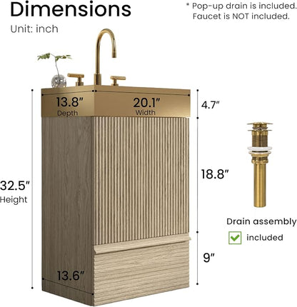 20 inch Bathroom Vanity with Golden Metal Sink, Bath Storage Cabinet with Soft-Closing Door and Drawer, Perfect for Small Space, Powder Room, Hotel, Light Oak