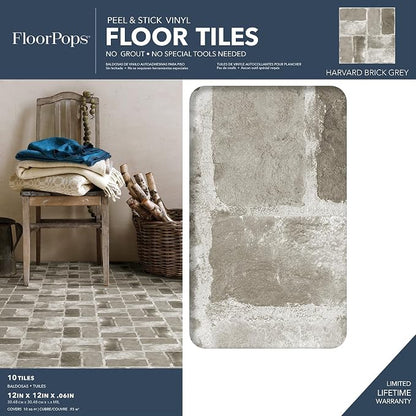 FloorPops Harvard Brick Grey Peel and Stick Floor Tiles, Farmhouse Vinyl Floor Tiles, Water Resistant, 12 in x 12 in, Pack of 10