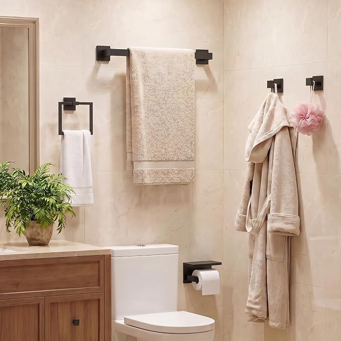 5-Piece Bathroom Hardware Set, 23.6 Inch Towel Bar Set SUS304 Stainless Steel Towel Racks for Bathroom Round Towel Bar, Towel Ring, Toilet Paper Holder, 2 Robe Hooks, Wall Mounted (Black)