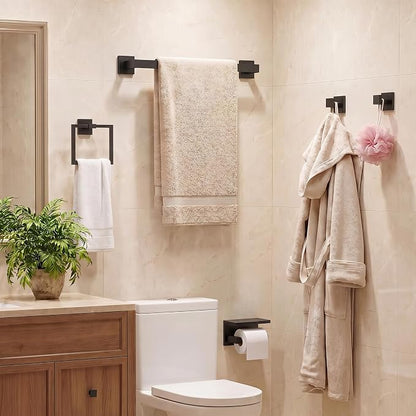 5-Piece Bathroom Hardware Set, 23.6 Inch Towel Bar Set SUS304 Stainless Steel Towel Racks for Bathroom Round Towel Bar, Towel Ring, Toilet Paper Holder, 2 Robe Hooks, Wall Mounted (Black)