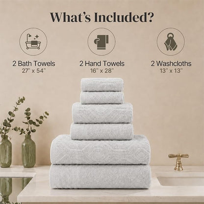 Modern Threads 6 Piece Cotton Bath Towel Set – Ultra Soft 550 GSM Towels – Bathroom Set with Hand Towels and Washcloths – Geometric (Silver Cloud)