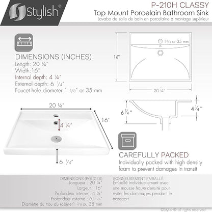 Stylish Drop in Bathroom Sink 20 1/4 x 16 Inch Porcelain Rectangular Bathroom Sinks Shiny Finish Smooth and Stain Resistant Surface with Chrome and Matte Black Overflow, P-210H
