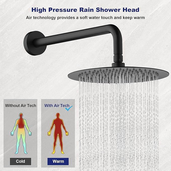 Matte Black Shower Faucet Set, Wall Mount Rain Shower System 10 Inches Shower Head and Shower Handheld, Included Pressure Balance Valve and Trim Kit