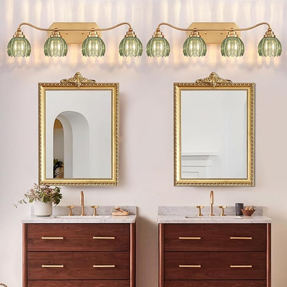 Vintage Gold Vanity Lights, 4 Light Tulip Crystal, Antique Brass Finish | Brushed Gold Bathroom Light Fixtures, Green Wall Sconce Ideal for Bedroom, Living Room, E26 Compatible, Easy Install