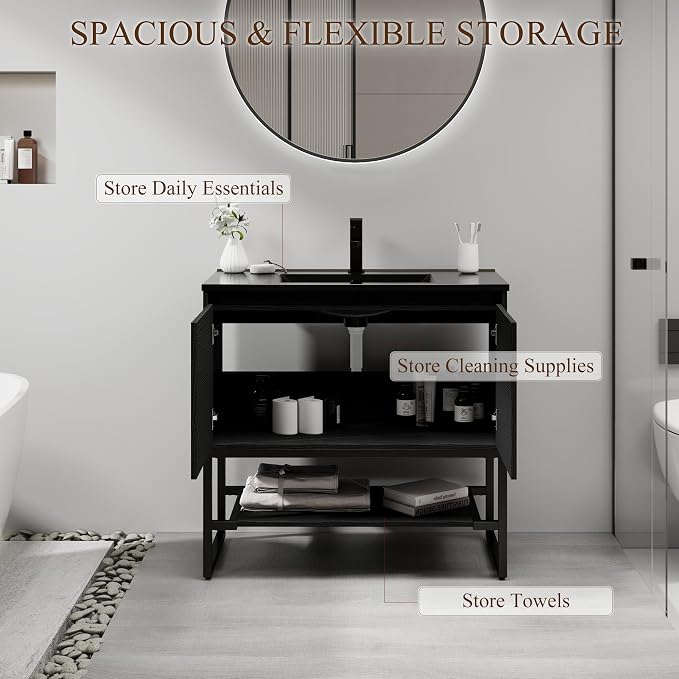 LUCKWIND 36" Modern Bathroom Vanity with Single Black Sink Combo, Freestanding Storage Cabinet with Metal Frame, Water-Saving Faucet and Open Shelf and 2 Soft-Closing Door, Black
