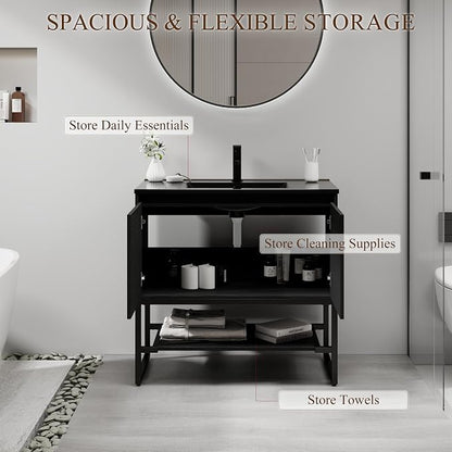 LUCKWIND 36" Modern Bathroom Vanity with Single Black Sink Combo, Freestanding Storage Cabinet with Metal Frame, Water-Saving Faucet and Open Shelf and 2 Soft-Closing Door, Black