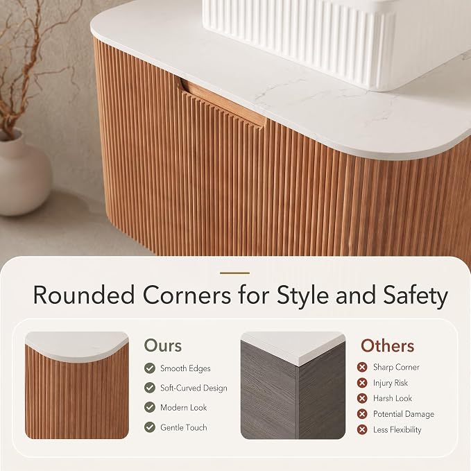 48 Inch Bathroom Vanity with Sink, Floating Wall Mounted Single Sink Vanity, Natural Woodgrain Curved Fluted Front, Stone Top, White Textured Rectangular Vessel Basin, Pre-Assembled
