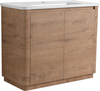 40-Inch Bathroom Vanity with Sink Mid-Century Bathroom Vanities with Top Basin Floor Wood Bathroom Sink Cabinet with Soft-Close Doors & Adjustable Storage Shelves (Brown)