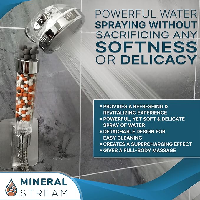MineralStream Ionic Shower Head 2.0 | High Pressure Water Saving Showerhead with Filter Beads | Eco Water Spa Shower Heads for Hair & Skin Health