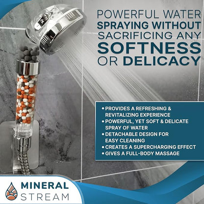 MineralStream Ionic Shower Head 2.0 | High Pressure Water Saving Showerhead with Filter Beads | Eco Water Spa Shower Heads for Hair & Skin Health