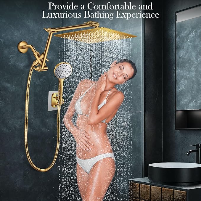 12'' Gold Rain Shower Head with 16” Extension Arm and 5 Setting Handheld | High Pressure Rainfall Shower Head with Flexible Adjustable Height and Angle Arm,Stainless Steel and Anti-leak