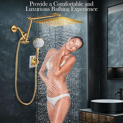 12'' Gold Rain Shower Head with 16” Extension Arm and 5 Setting Handheld | High Pressure Rainfall Shower Head with Flexible Adjustable Height and Angle Arm,Stainless Steel and Anti-leak