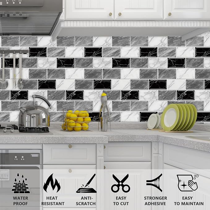 URCOLOR 10-Sheet Peel and Stick Backsplash Tile Sticker for Kitchen,12"x12" Self Adhesive Subway Wall Tiles Stick on Back Splashes for Bathroom White Gray Black White Marble Design
