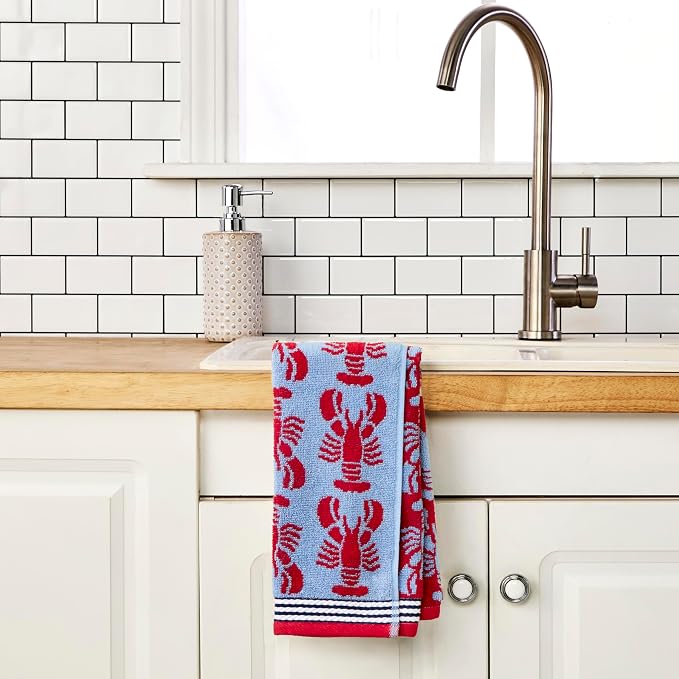 SKL Home Nautical Lobster Hand Towel Set-2pc, Reversible Jacquard, Navy | 100% Cotton. Plush & absorbent. For the bathroom, kitchen, bar or any sink space. Great for everyday & coastal/beach décor.