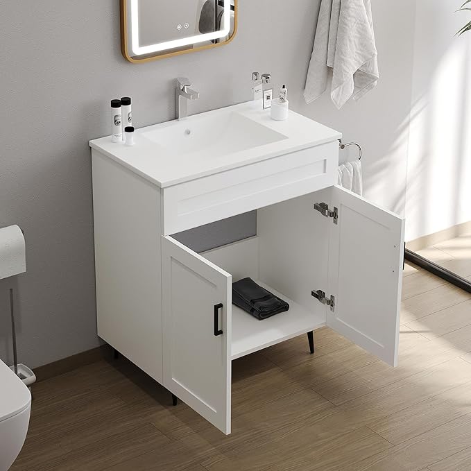 30 Inch Bathroom Vanity with Sink, Modern Wooden Freestanding Bathroom Storage Cabinet with 2 Doors and 1 Drawer, Metal Legs, Painted Surface, White