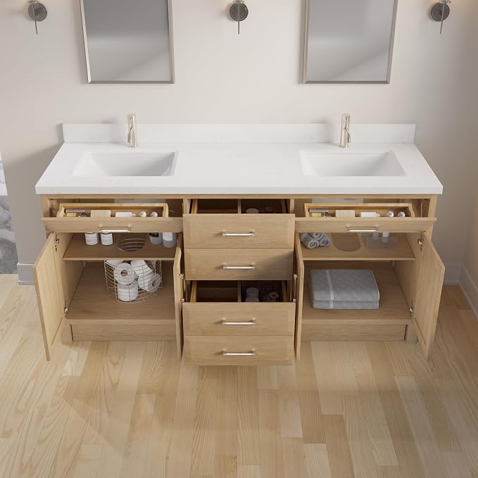 Capri III 72" Double Sink Bathroom Vanity With Stealth Organizer, Solid Wood Bathroom Cabinet with Engineered Stone Countertop & Backspalsh, Soft Closing Door & Drawer, Pre-Assembled, Weathered Oak