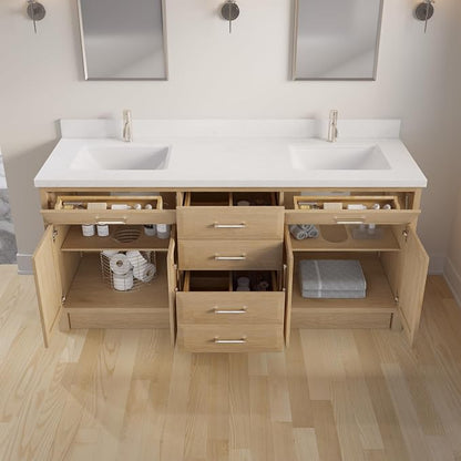 Capri III 72" Double Sink Bathroom Vanity With Stealth Organizer, Solid Wood Bathroom Cabinet with Engineered Stone Countertop & Backspalsh, Soft Closing Door & Drawer, Pre-Assembled, Weathered Oak